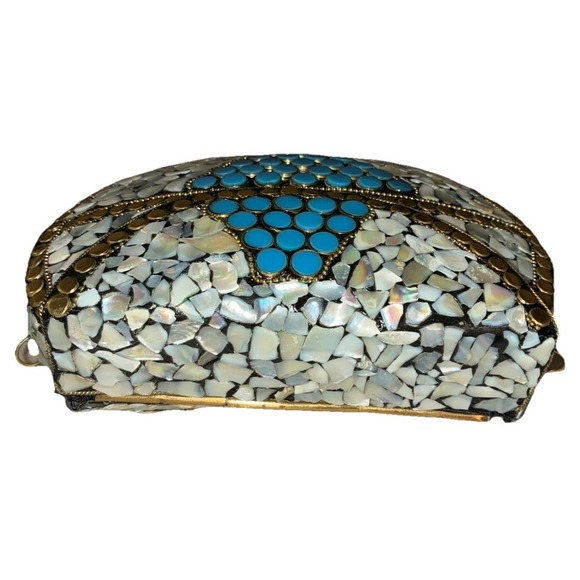 Ramla Porte-Moi Clutch Moroccan Mosaic Pearl/Turquoise Gold‎ Handmade NEW
